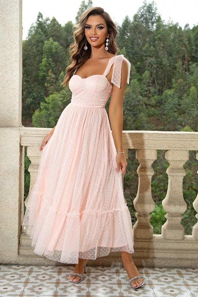 Tulle Swiss Dot Bustier Sweetheart Tie Shoulder Tiered Maxi Dress - View 3