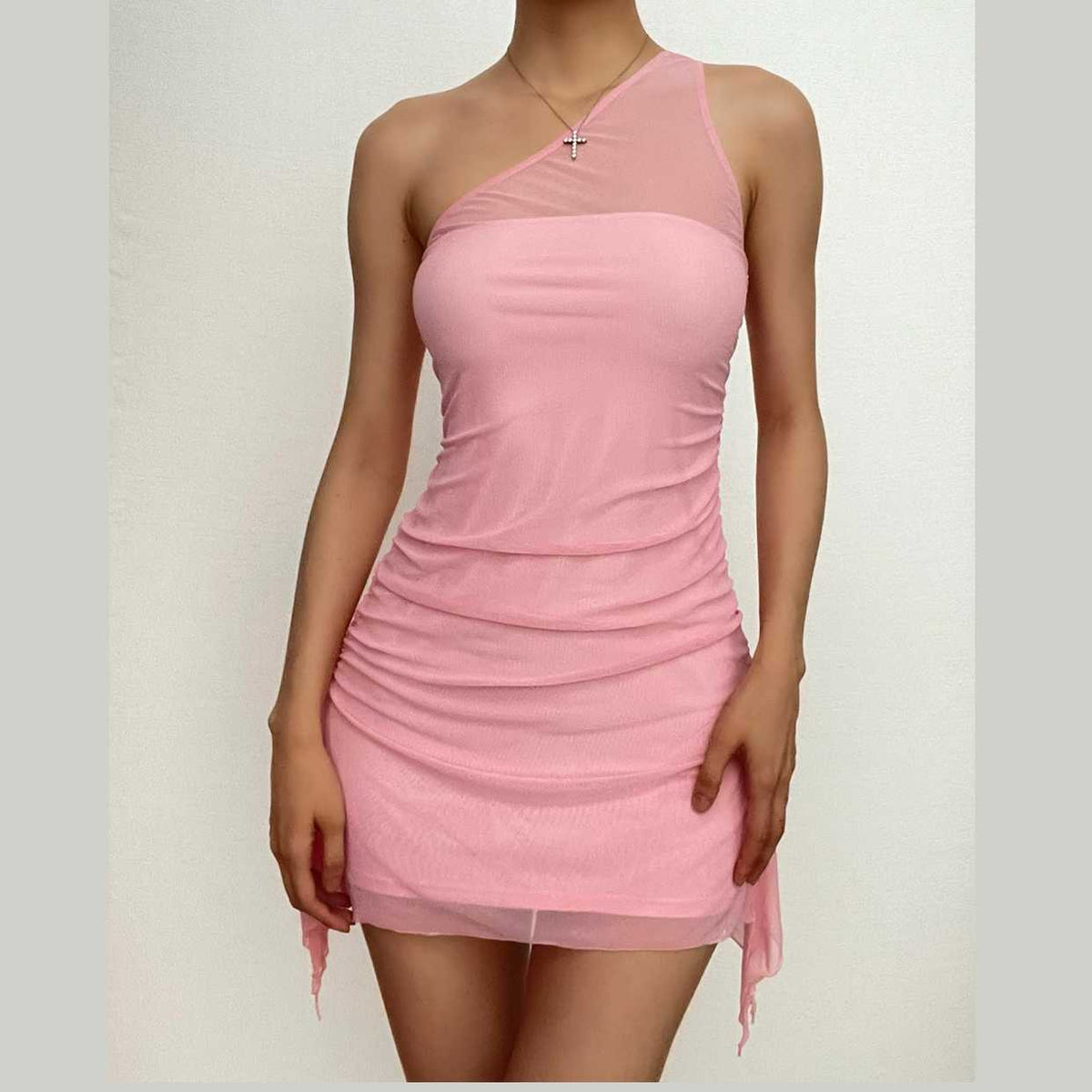 Solid one shoulder mesh patchwork ruffle ruched zip-up mini dress - View 8