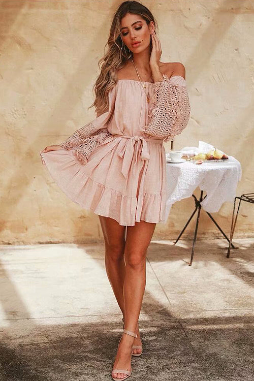 Off Shoulder Bell Sleeve Lace Trim Tie Waist Ruffle Mini Dress 8