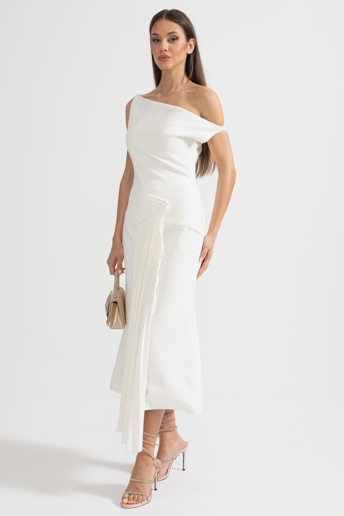 One Shoulder Asymmetric Pleated Side Panel Gathered Waist Midi Dress - View 3