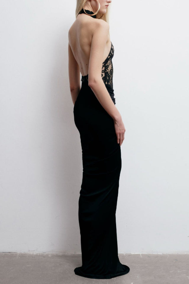 Lace Halter Neck Backless Ruched Mermaid Gown - View 3