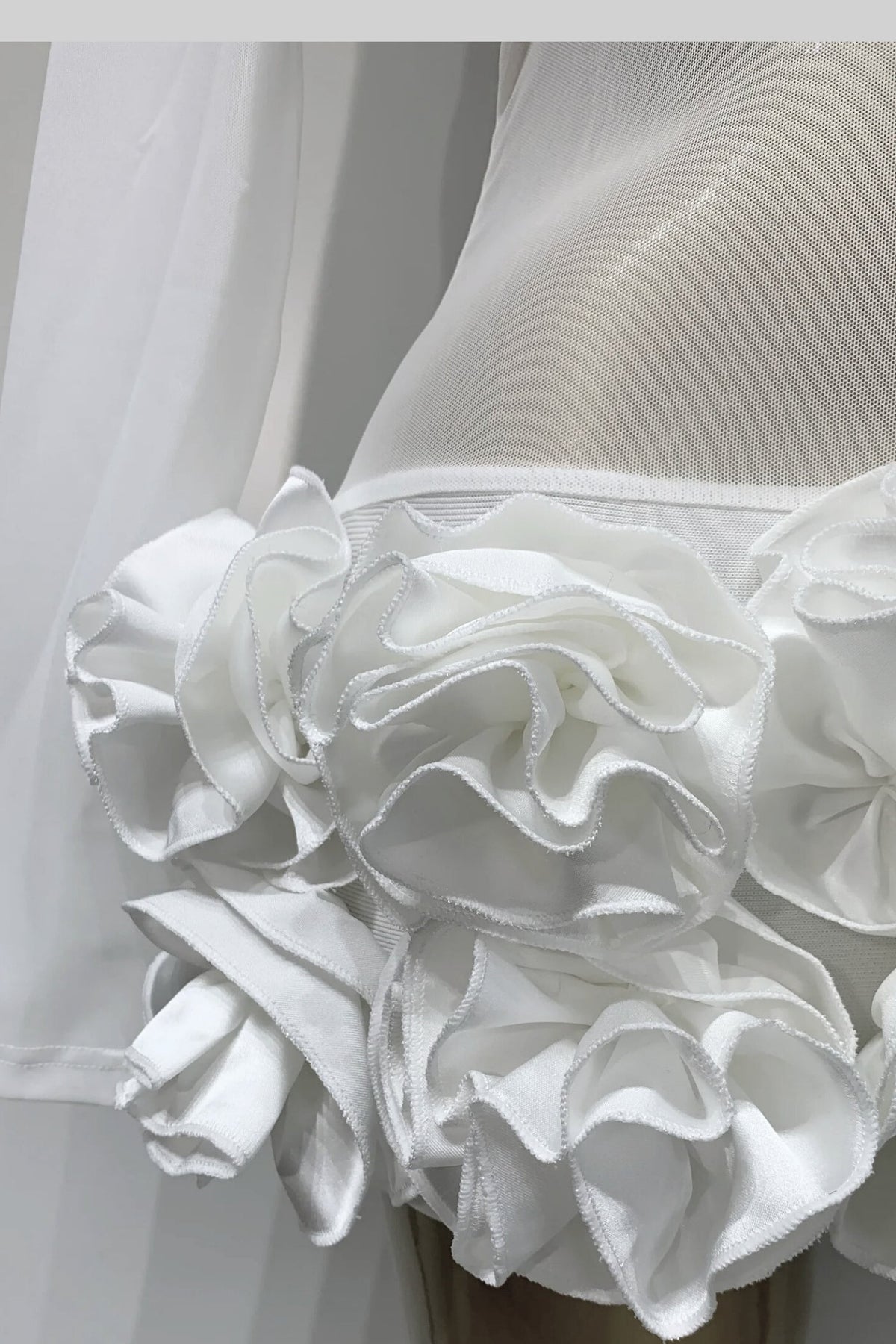 Sheer Floral Mini Dress With 3D Rosettes Hemline – White - View 2