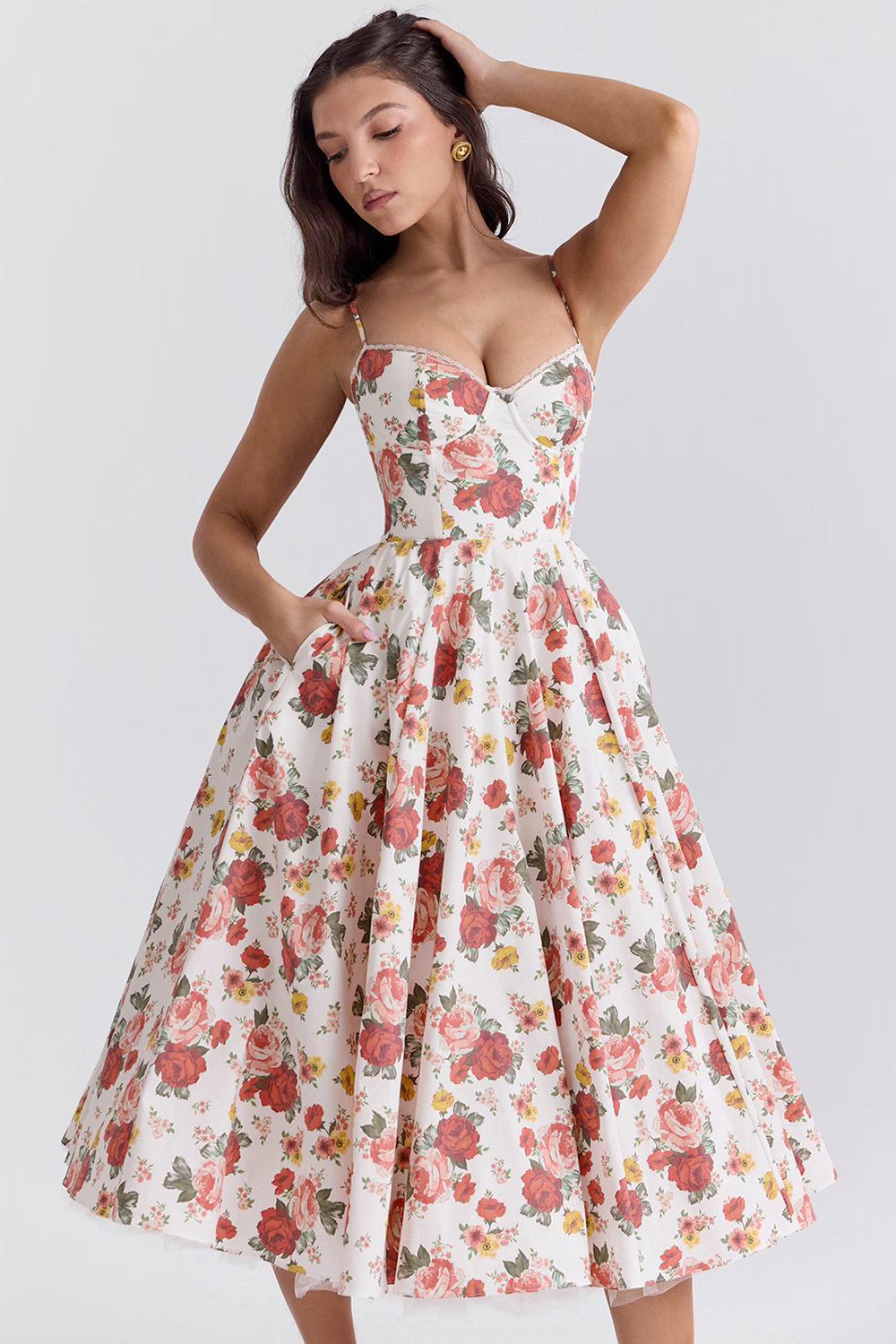 Spaghetti Strap Sweetheart Lace Trim Corset A-Line Midi Dress - View 14