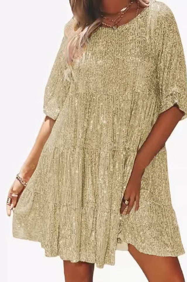 Sequin Tiered Ruffle Short Sleeve Crew Neck Babydoll Mini Party Dress - View 10