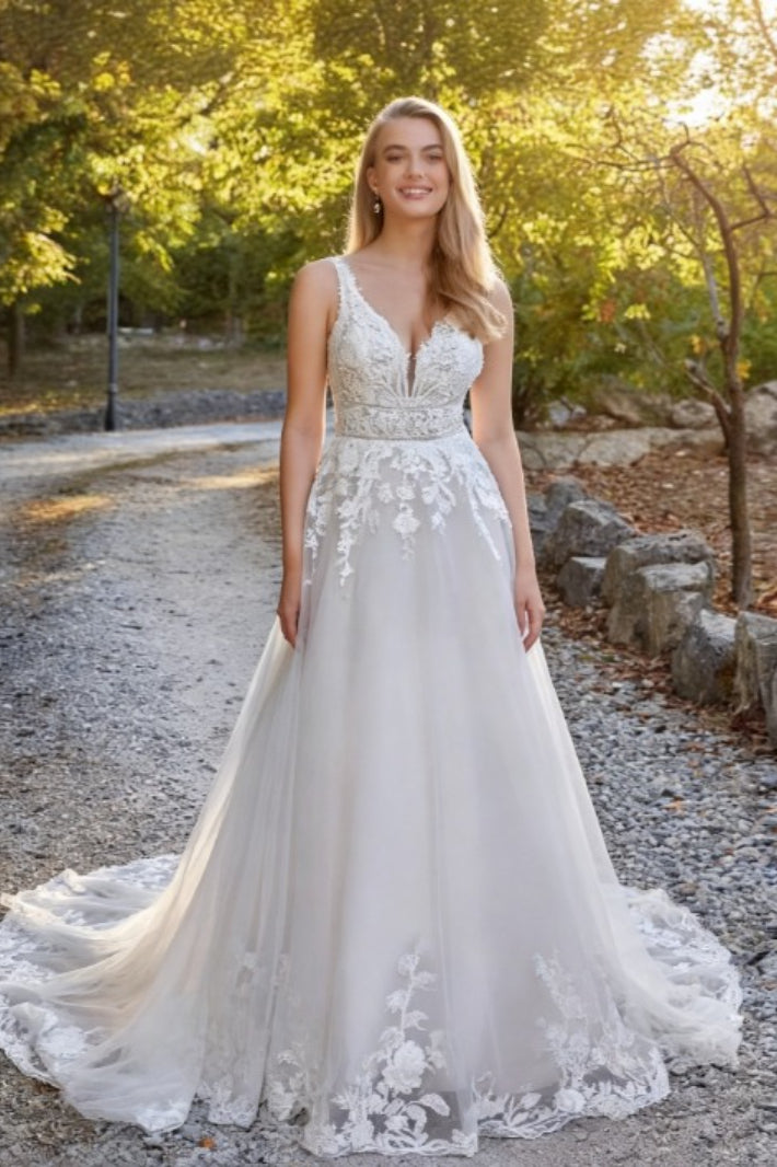 Deep V-Neck Lace Applique A-Line Train Wedding Gown