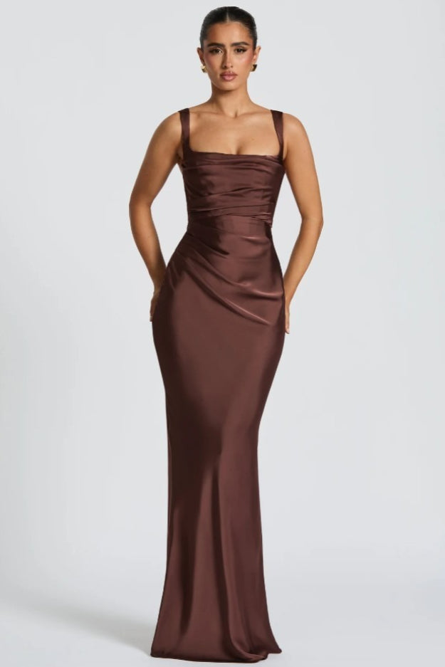 Square Neck Ruched Satin Bodycon Mermaid Dress - View 6