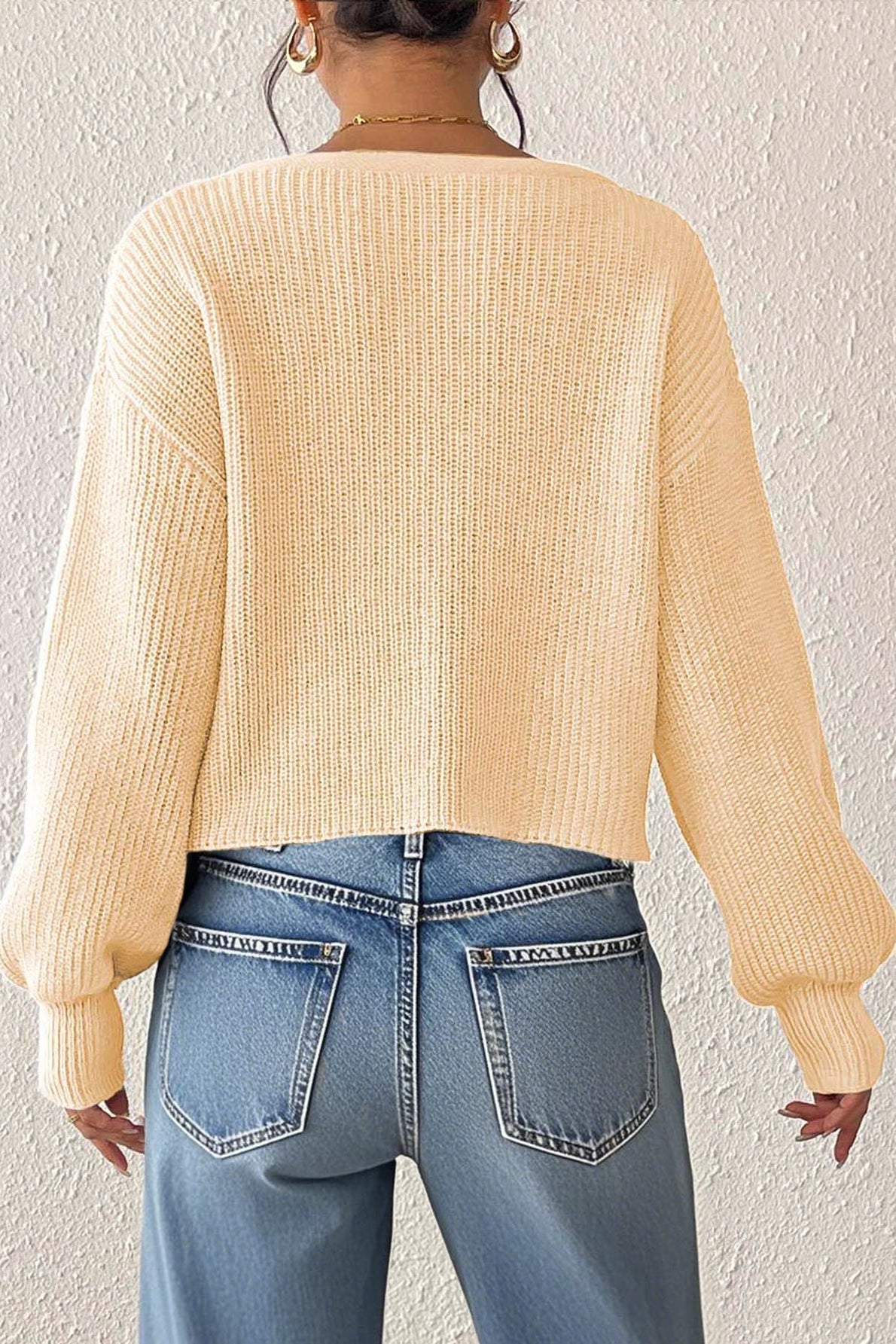 Button Front Crochet Knit Crop Sweater
