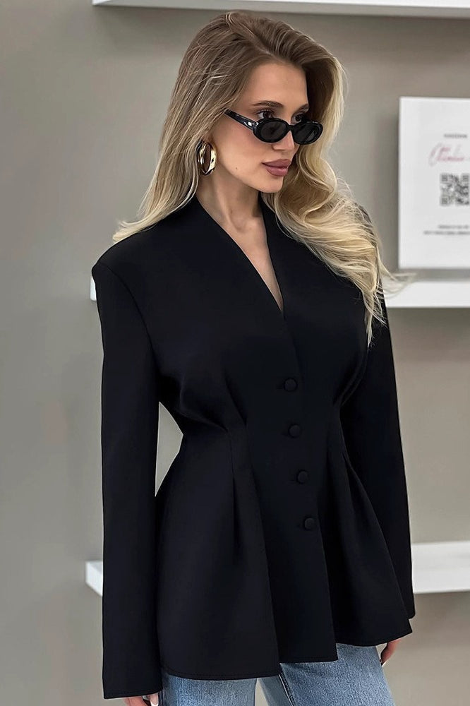 Elegant V-Neck Tailored Waist Blazer