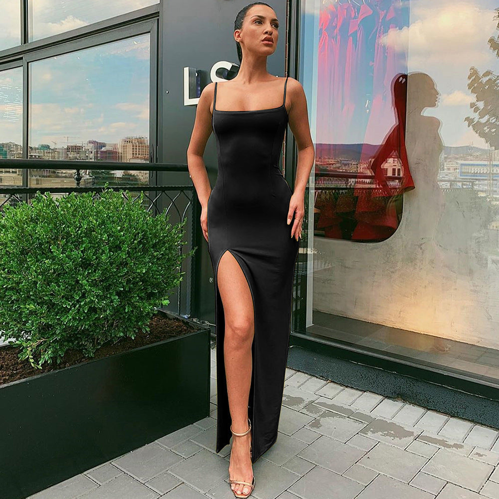 Square Neck Spaghetti Strap High Split Bodycon Maxi Dress - View 3