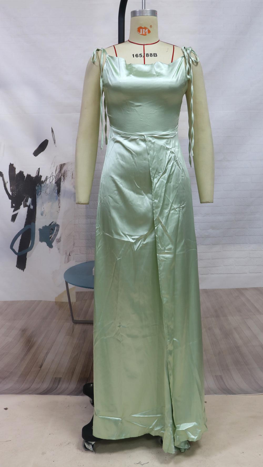 Satin Cowl Neck Tie Bow Shoulder Pleated High Split Maxi Gown - View 4