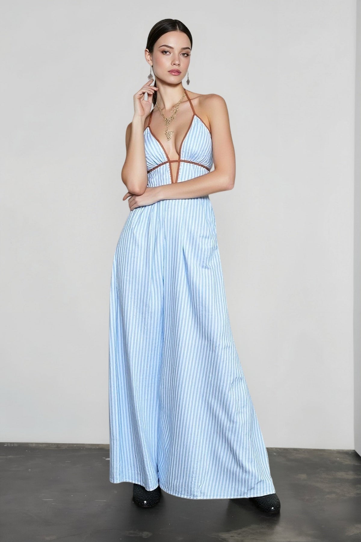 Striped Plunge Neck Halter Contrast Trim A-Line Maxi Dress 2