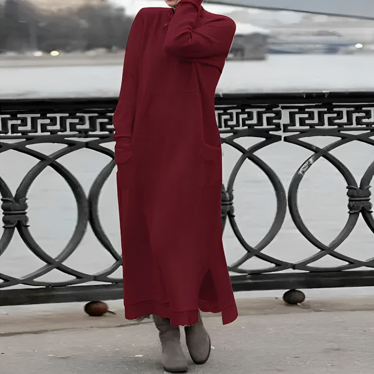Knit Mock Neck Long Sleeve Scalloped Pocket Distressed Hem Maxi Dress - View 3