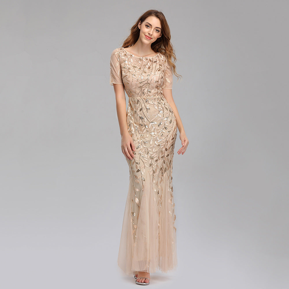 Sequin Round Neck Short Sleeve Mermaid Maxi Gown - View 5
