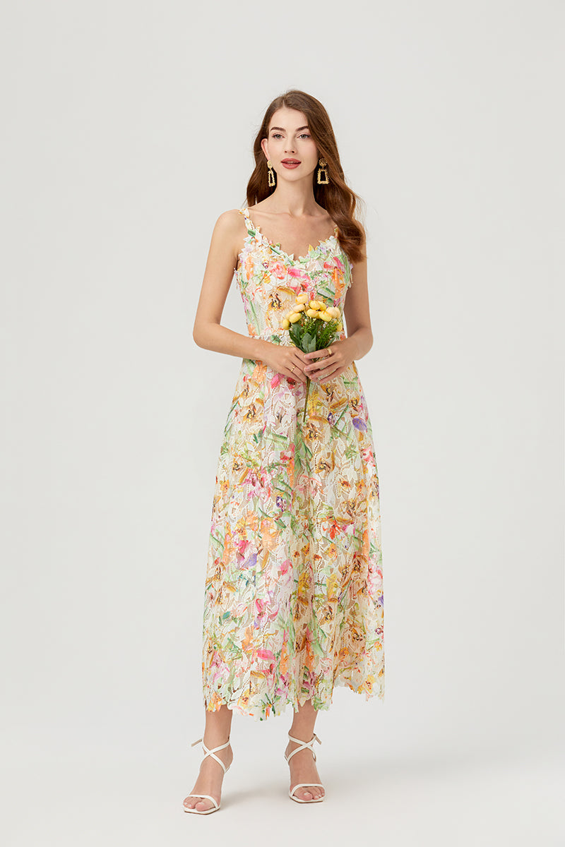 Floral Lace V-Neck Spaghetti Strap Fit and Flare Midi Dress - View 13