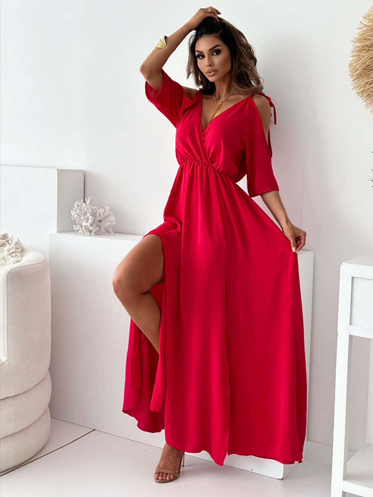 Cold Shoulder Deep V-Neck Wrap Tie Shoulder High Split Maxi Dress