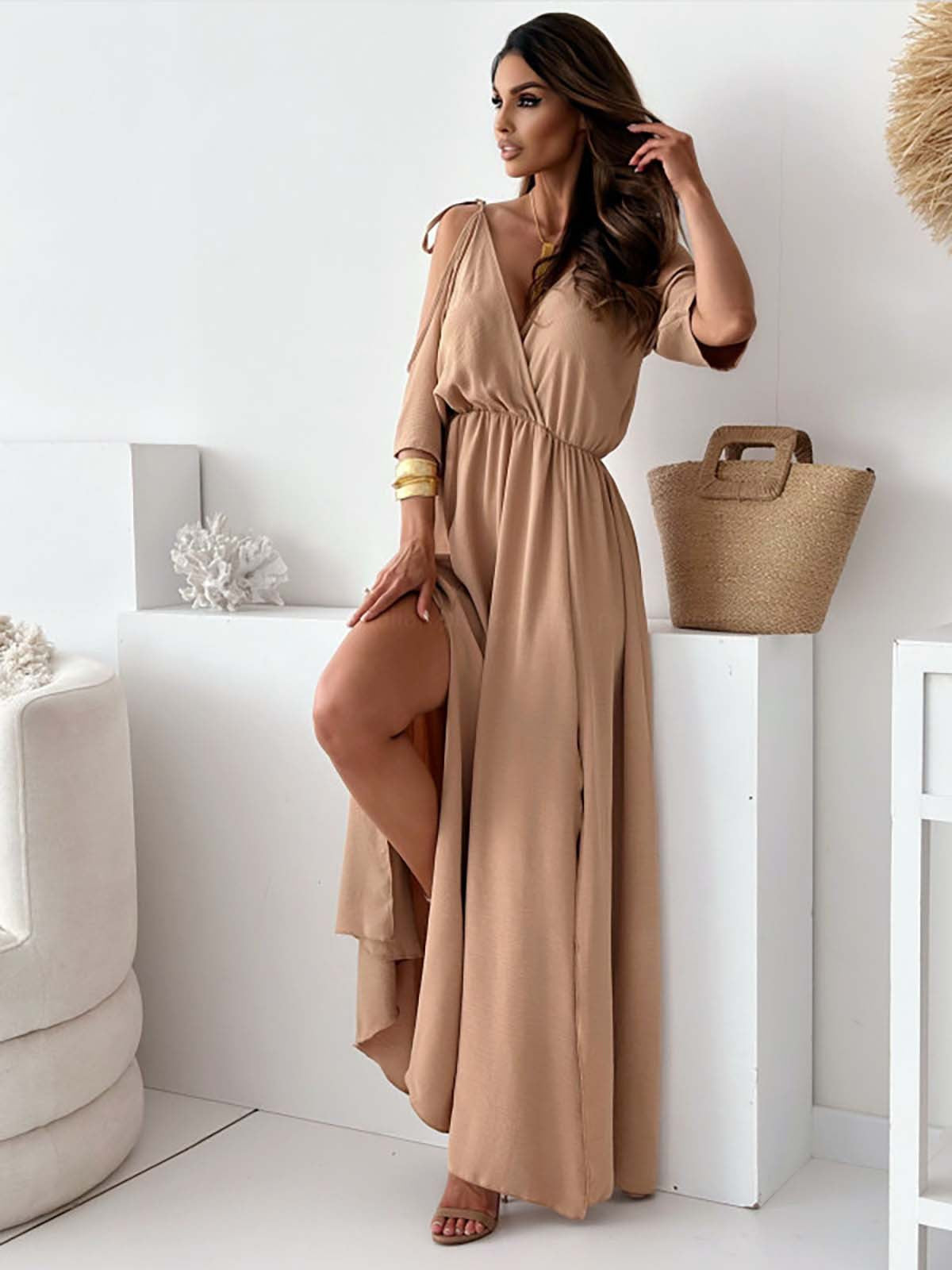 Cold Shoulder Deep V-Neck Wrap Tie Shoulder High Split Maxi Dress - View 11