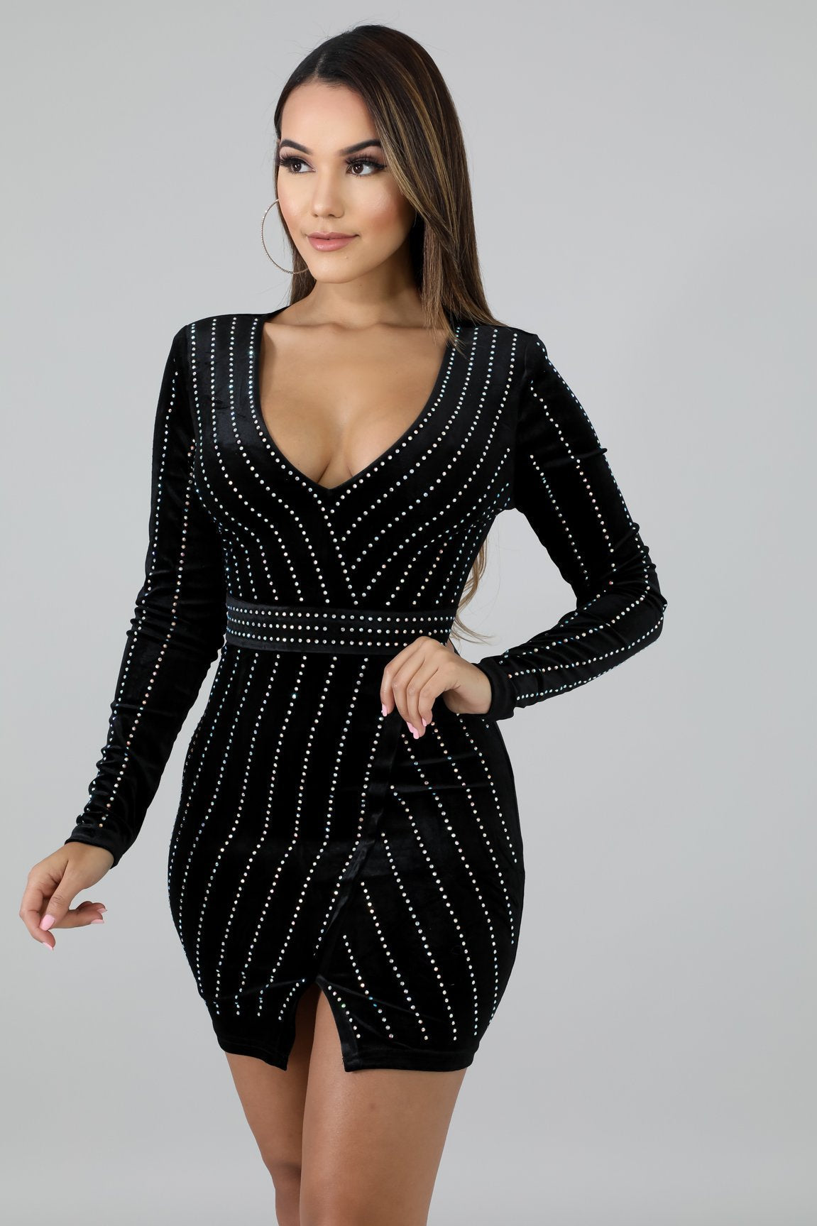 Velvet Deep V-Neck Long Sleeve Rhinestone Wrap Bodycon Mini Dress - View 14