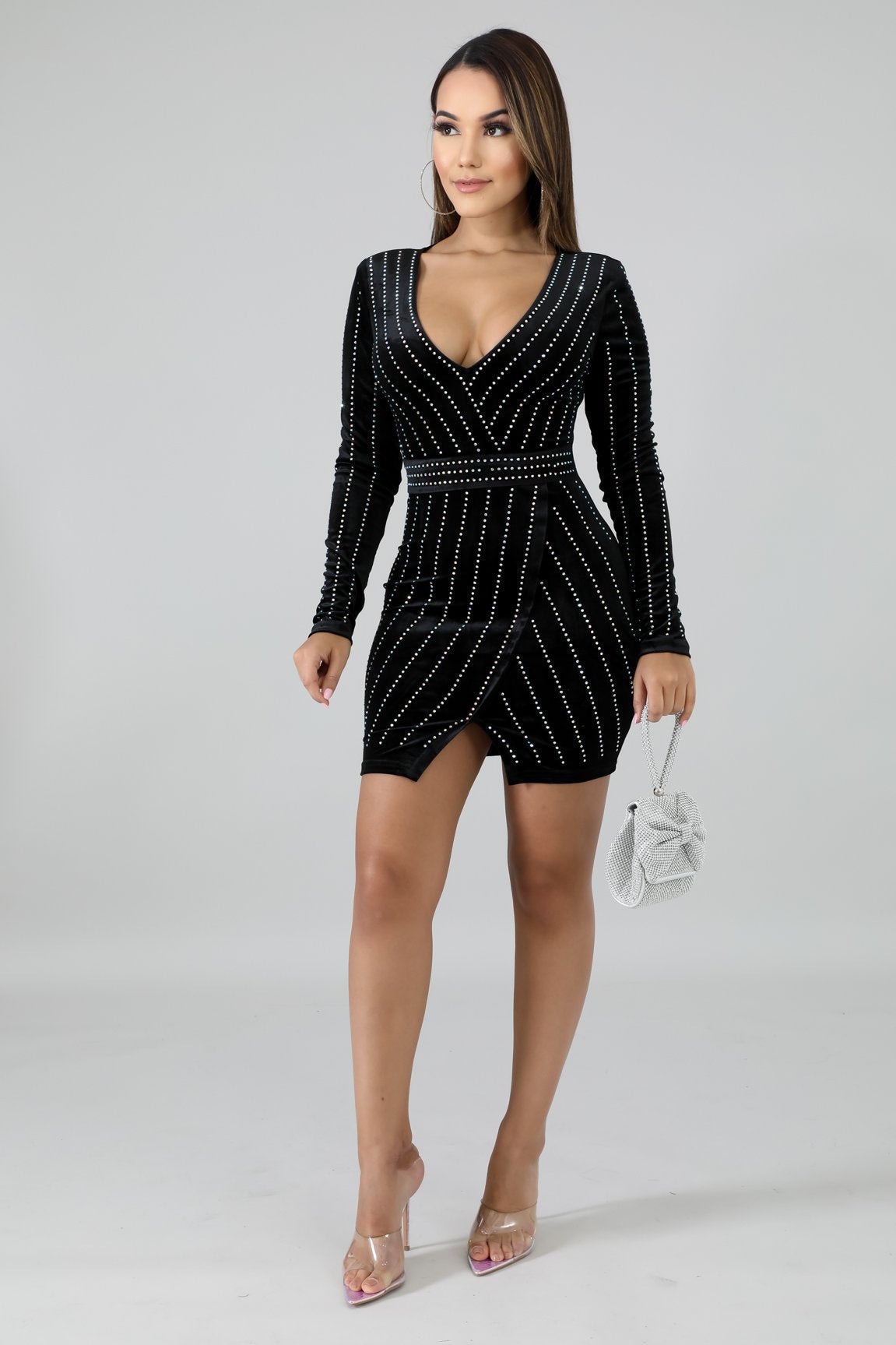 Velvet Deep V-Neck Long Sleeve Rhinestone Wrap Bodycon Mini Dress - View 19