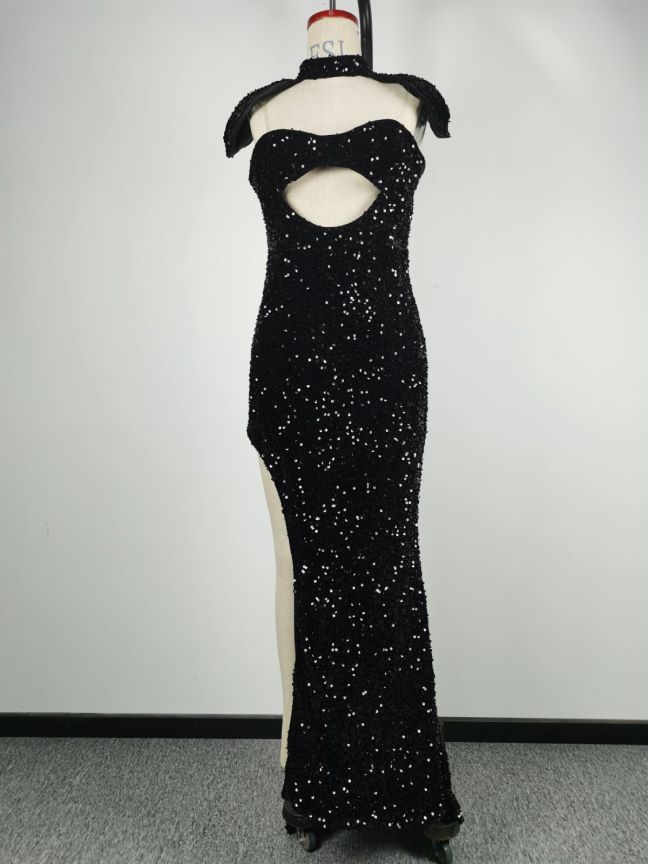 Sequin Strapless Choker Cut Out High Split Mermaid Gown - View 8