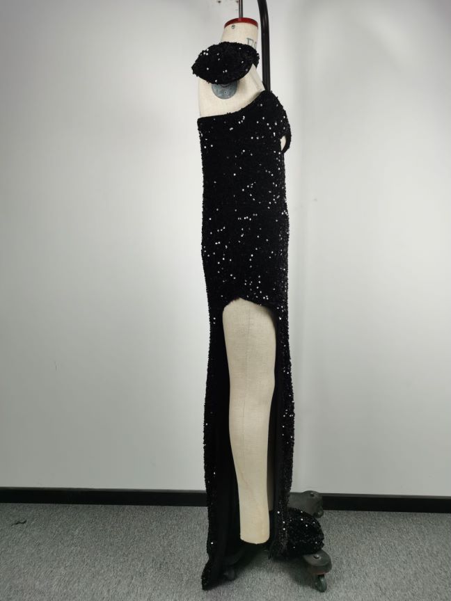 Sequin Strapless Choker Cut Out High Split Mermaid Gown - View 9