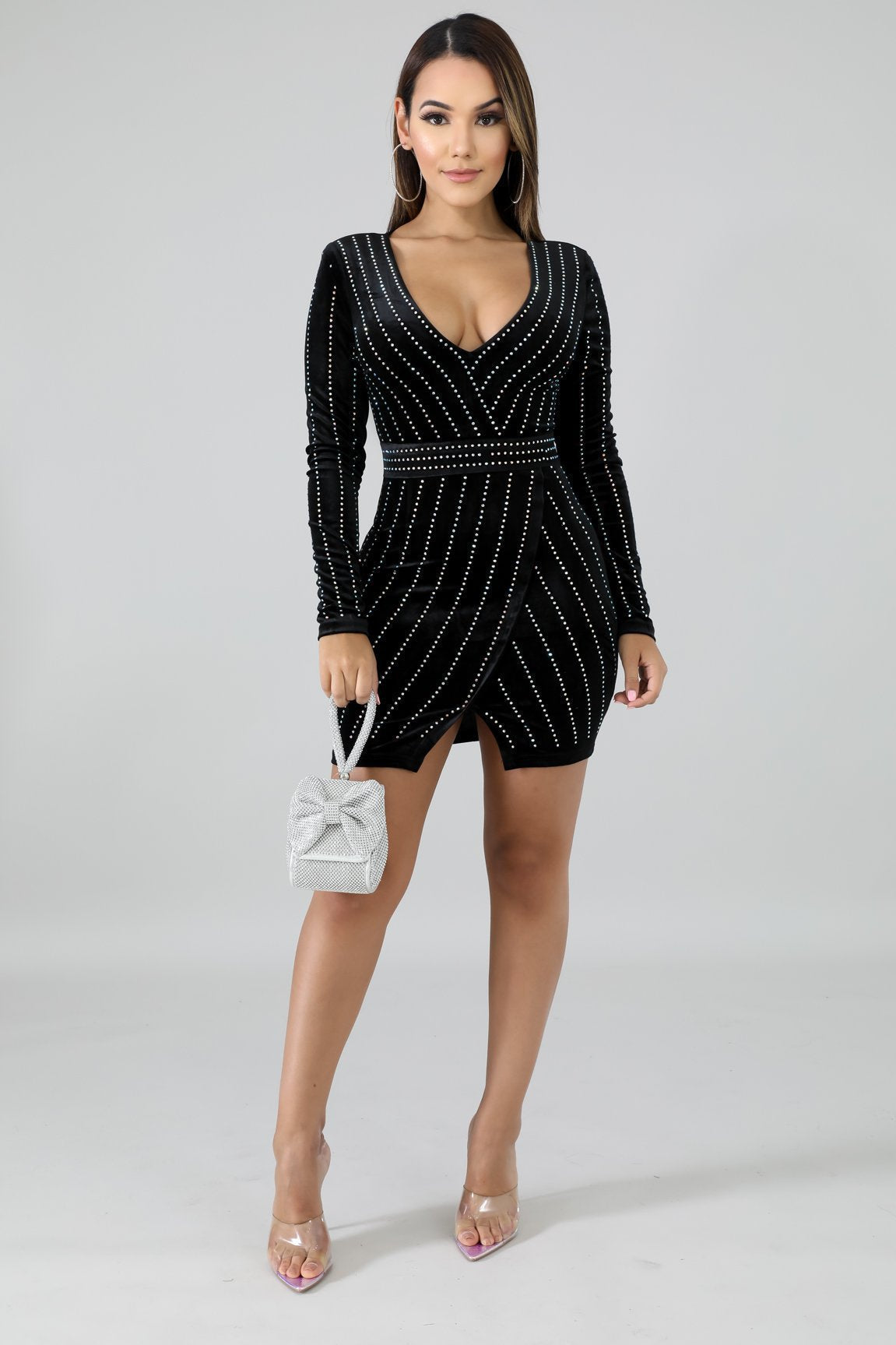 Velvet Deep V-Neck Long Sleeve Rhinestone Wrap Bodycon Mini Dress - View 13