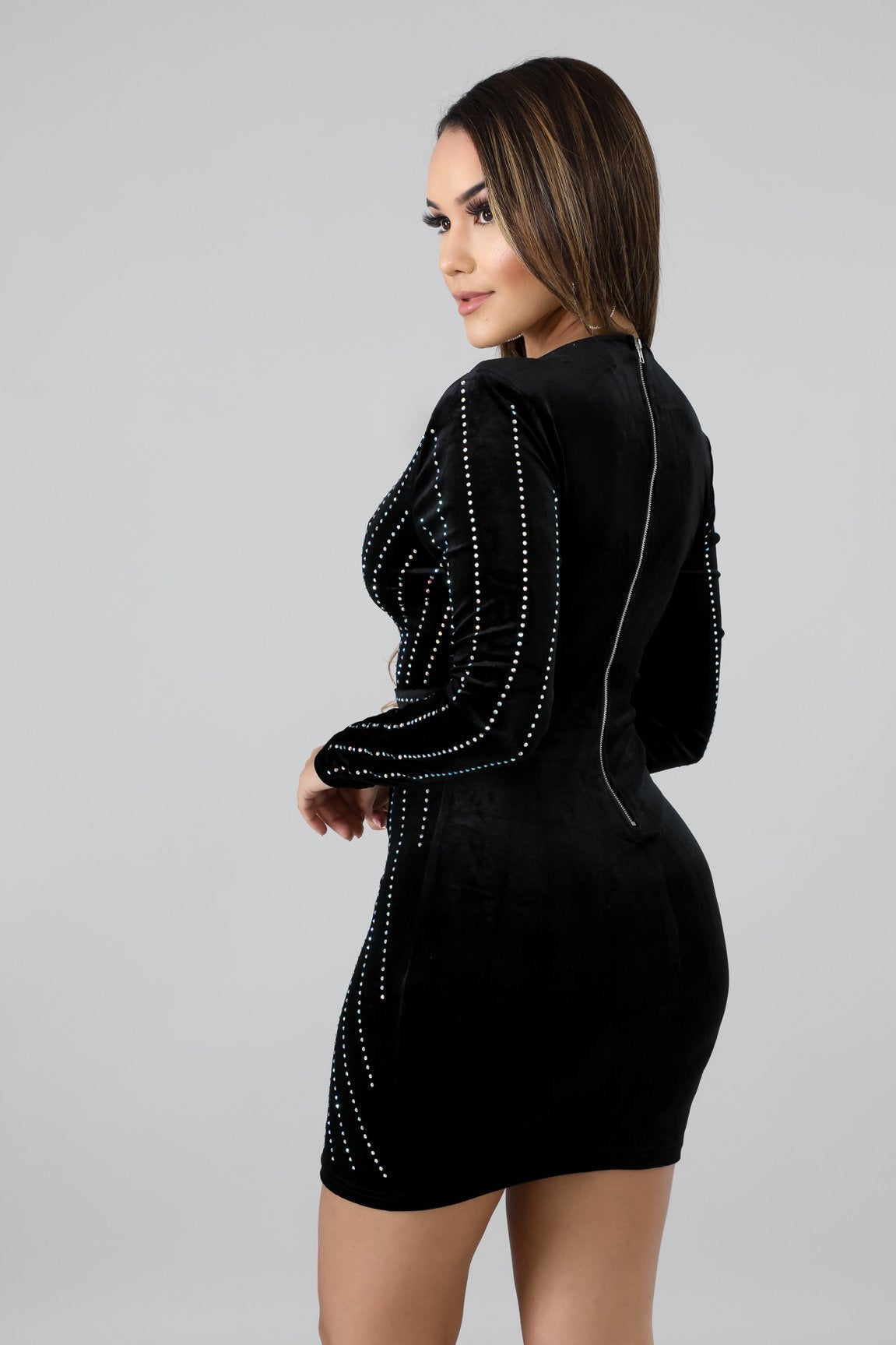 Velvet Deep V-Neck Long Sleeve Rhinestone Wrap Bodycon Mini Dress - View 21