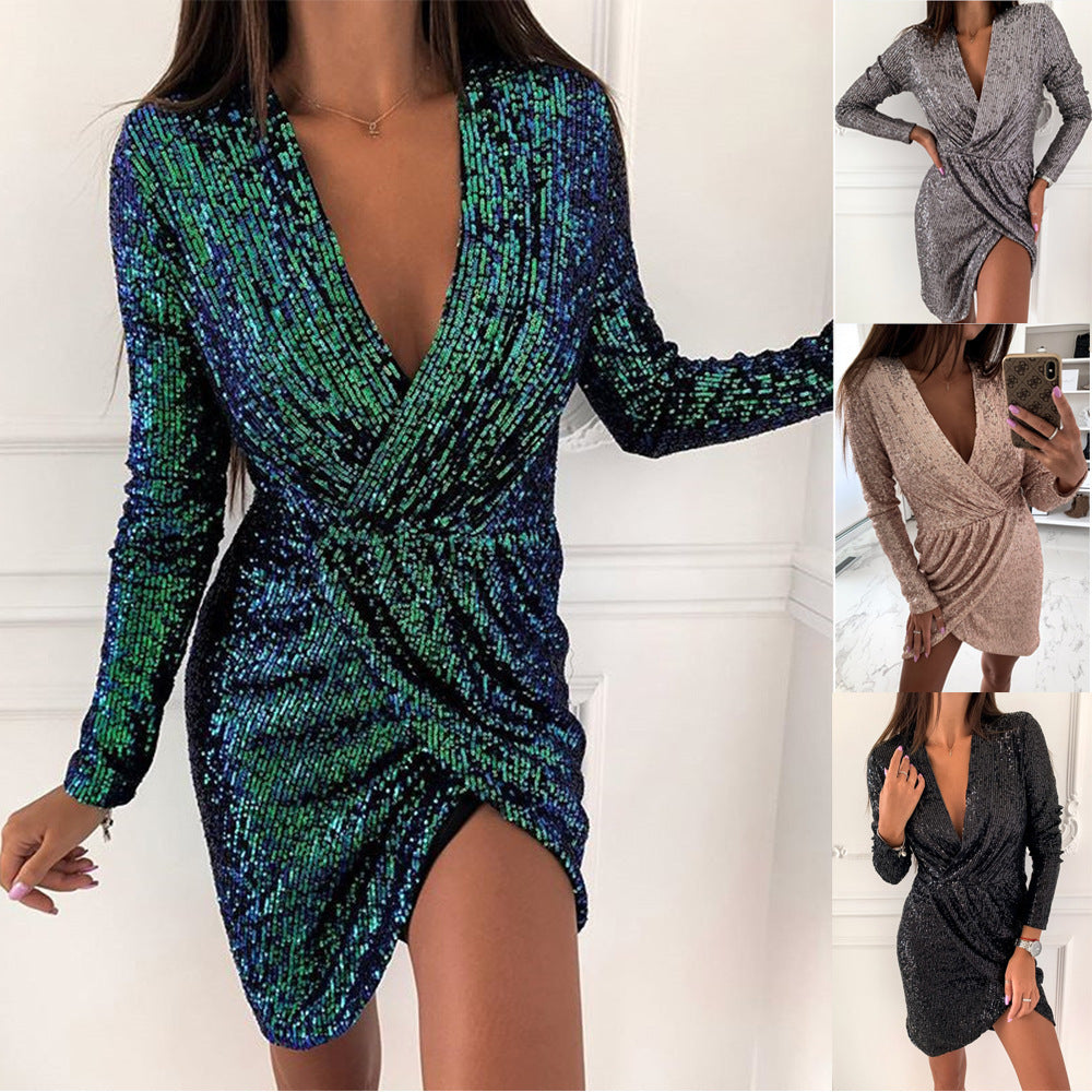 Sequin Deep V-Neck Long Sleeve Wrap Ruched Bodycon Mini Dress - View 4