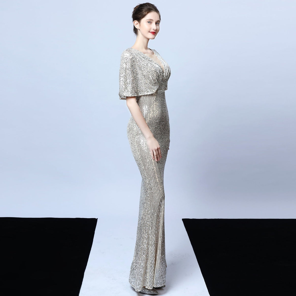 Sequin Round Neck Flutter Sleeve Mesh Yoke Mermaid Maxi Gown 14
