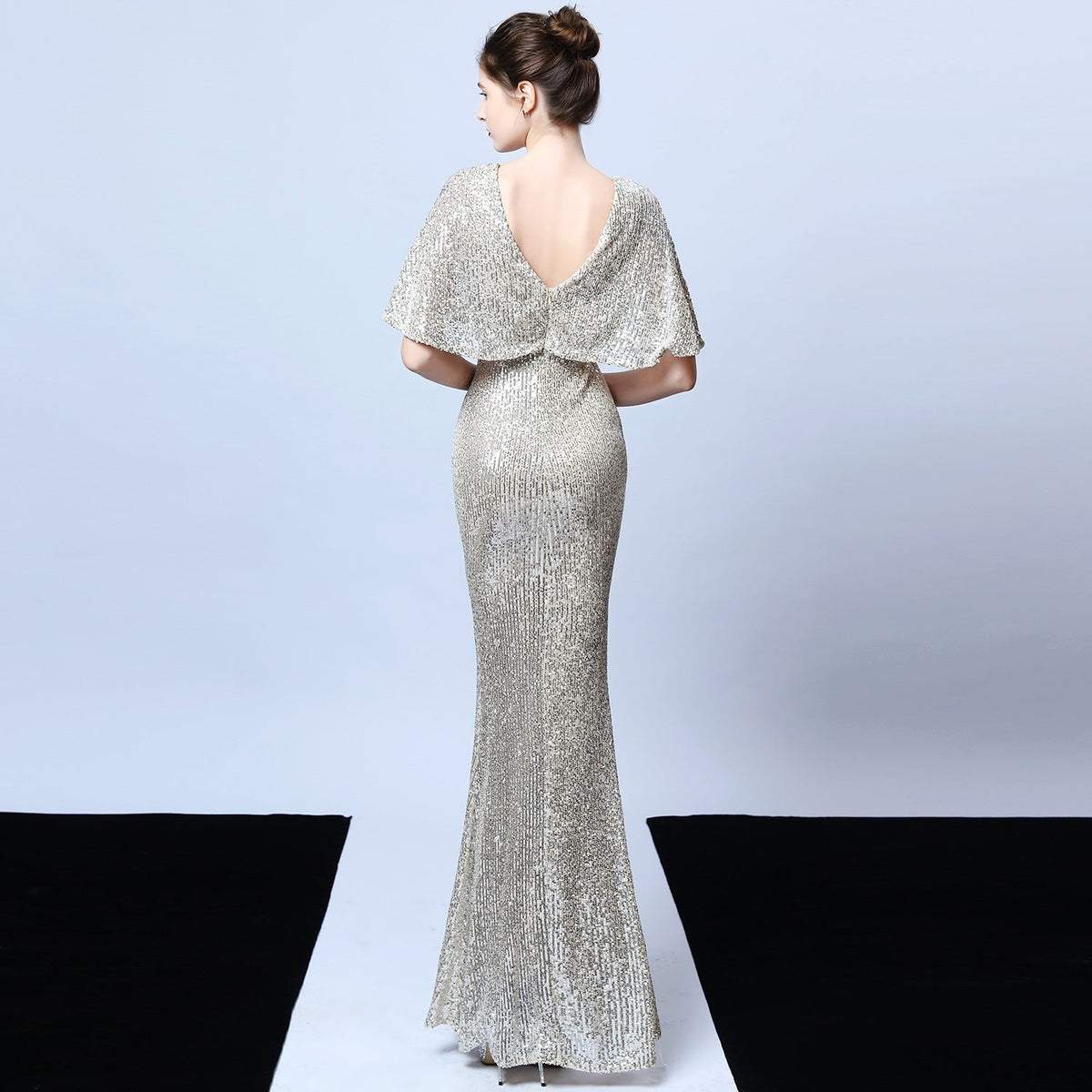 Sequin Round Neck Flutter Sleeve Mesh Yoke Mermaid Maxi Gown 12