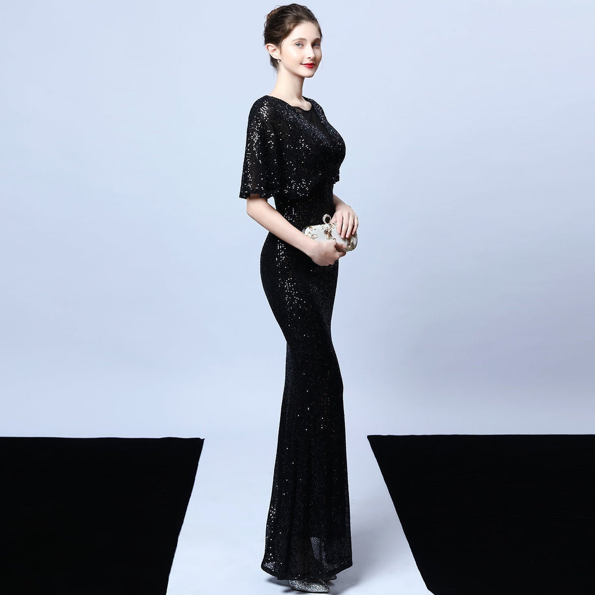 Sequin Round Neck Flutter Sleeve Mesh Yoke Mermaid Maxi Gown 5