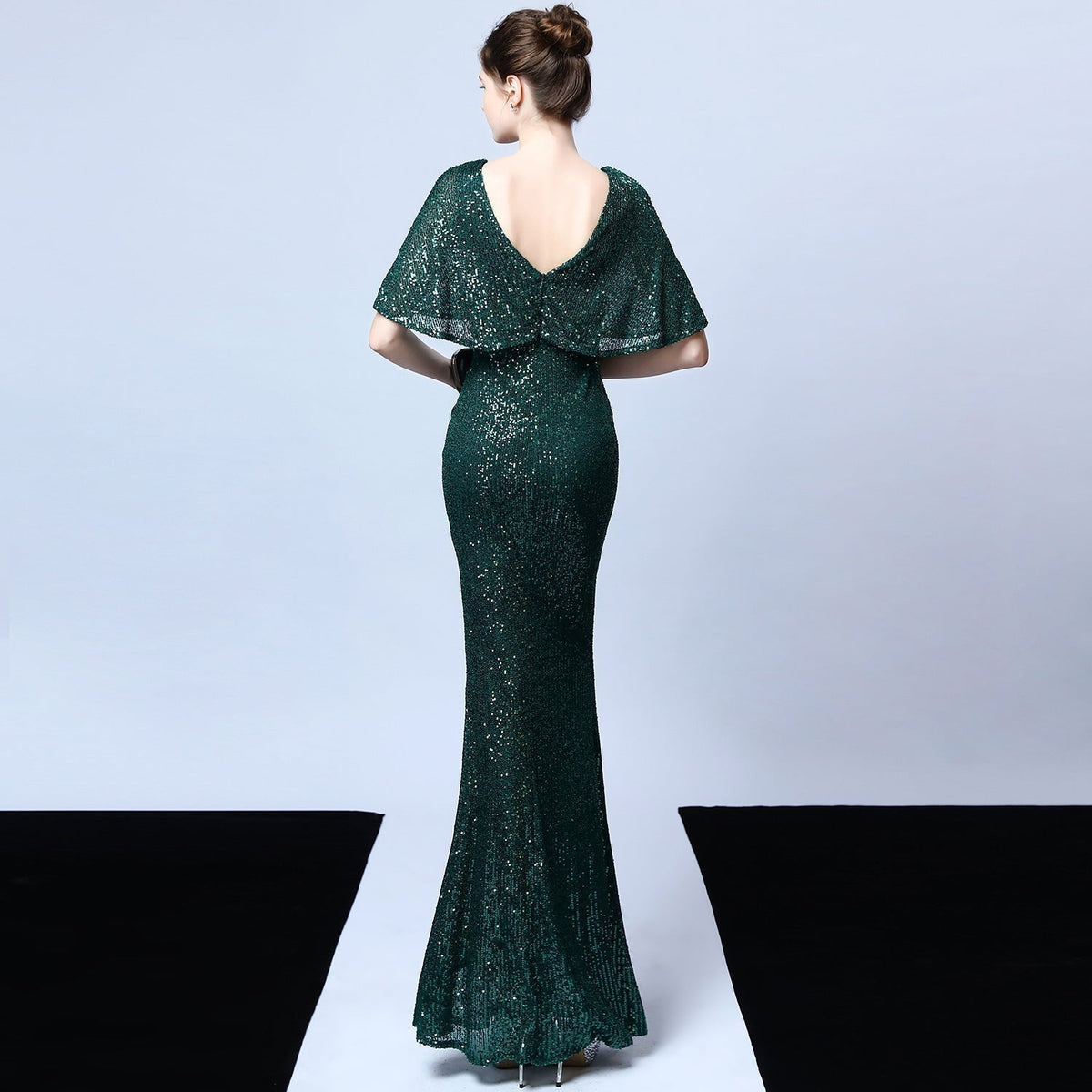 Sequin Round Neck Flutter Sleeve Mesh Yoke Mermaid Maxi Gown 2