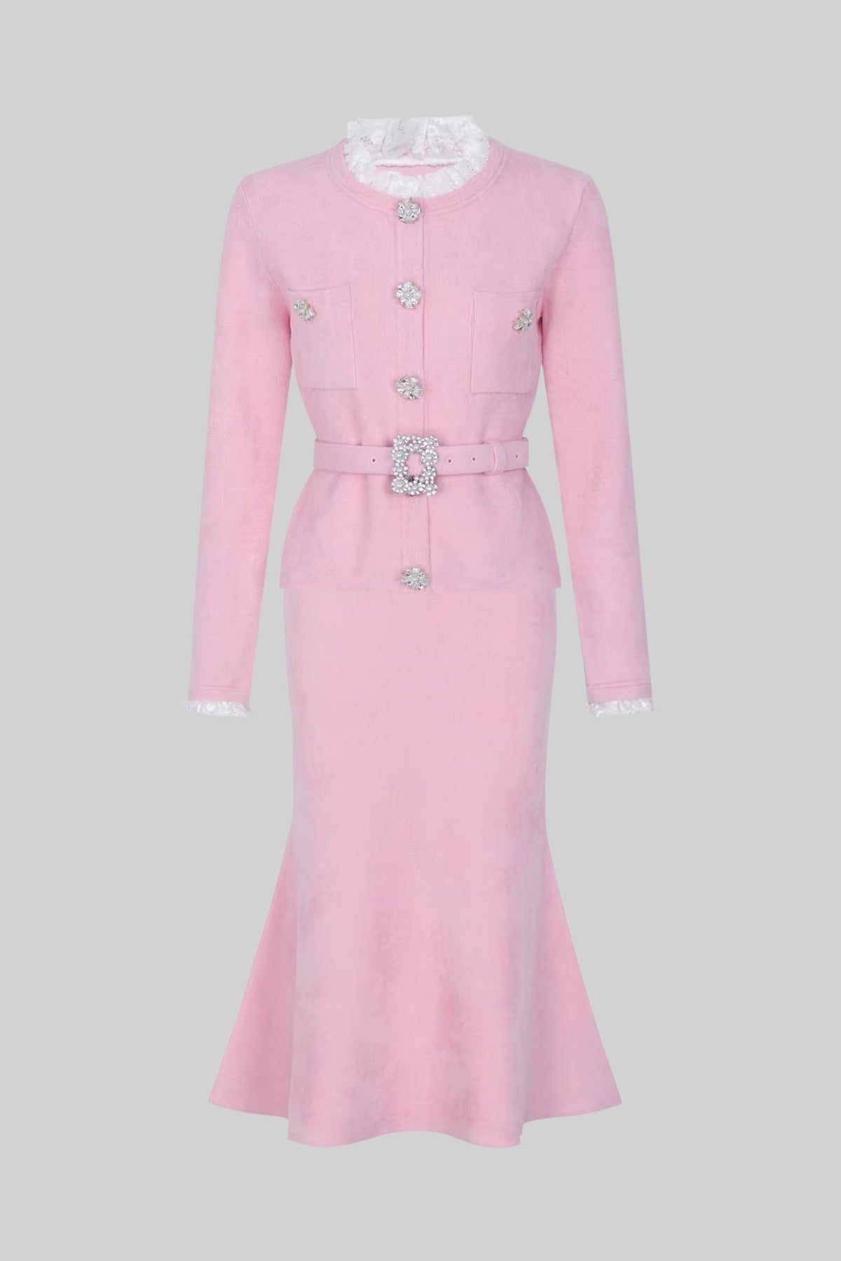 Long Sleeve Co-Ord With Fitted Knit Bodice And Crystal Button Detail - Blush Pink - View 2