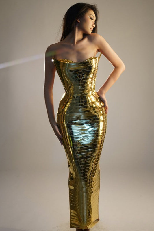 Metallic Strapless Corset Mirror Sequin Mermaid Gown - View 4