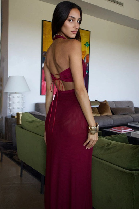 Halter Neck Ruched Layered Bust Sheer Bodycon Maxi Gown - View 5