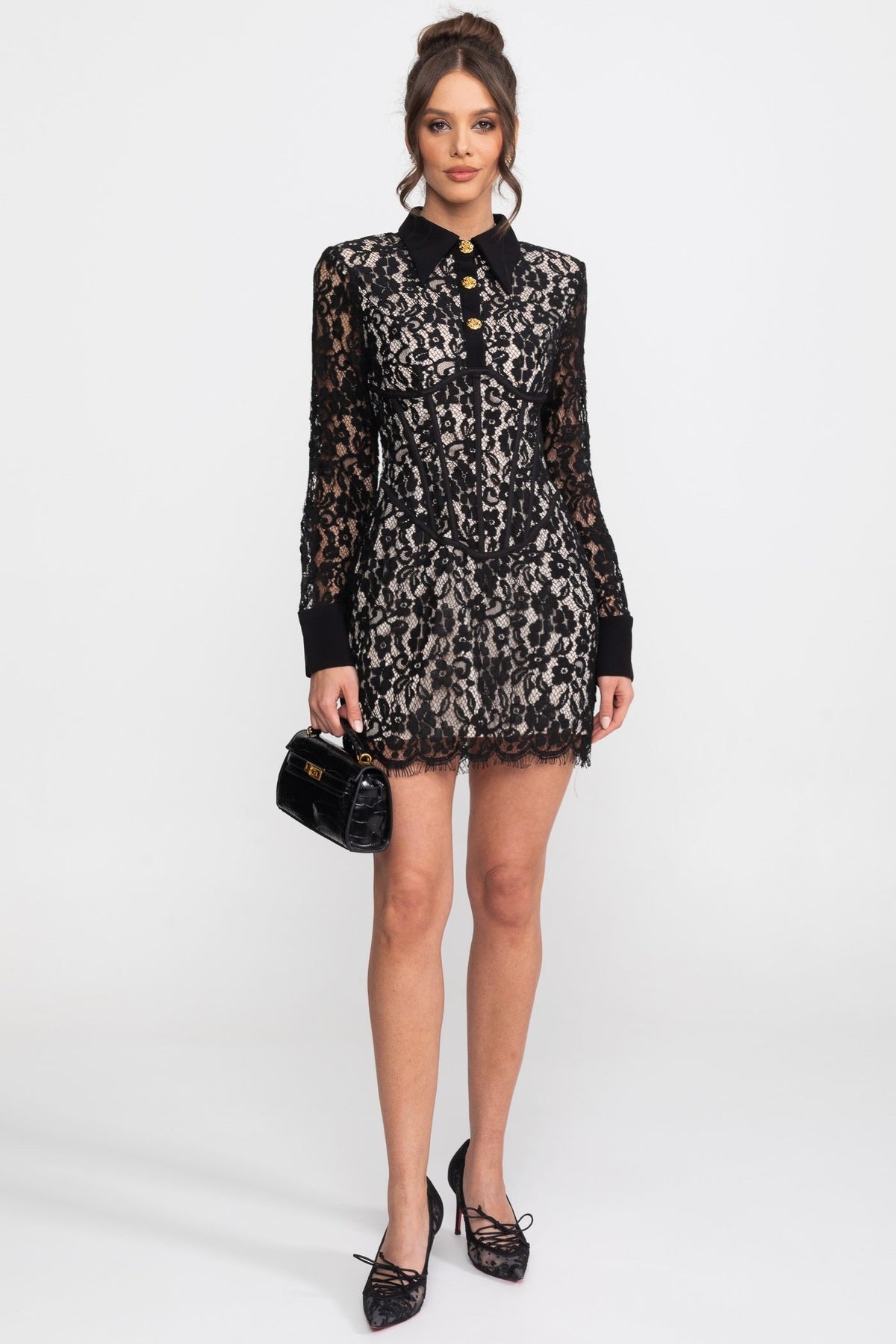 Long Sleeved Lace Mini Dress With Scallop Hem - Black - View 2