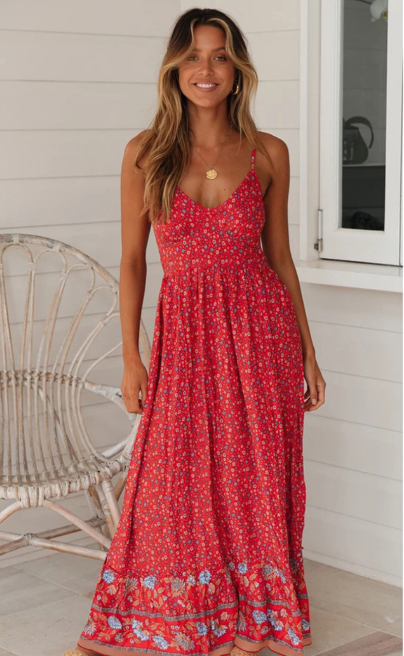 Spaghetti Strap V-Neck Ditsy Floral Border Print Tiered Maxi Dress