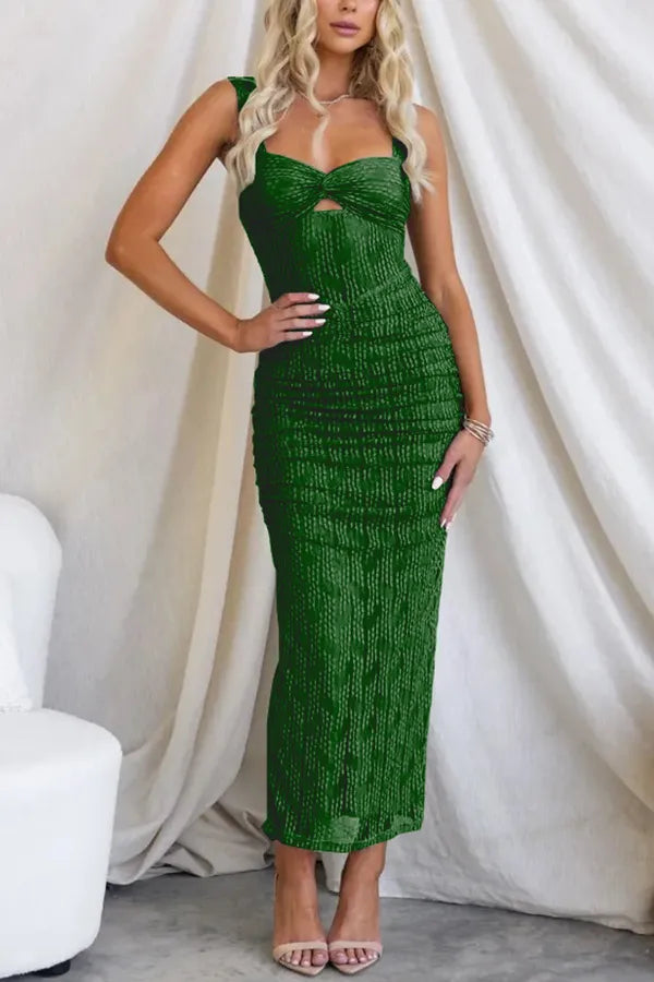 Sweetheart Twist Front Sheer Midriff Ruched Mesh Bodycon Maxi Dress - View 14