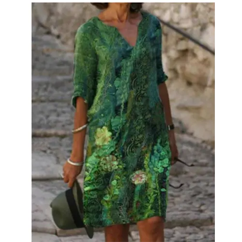 V-Neck Three Quarter Sleeve Relaxed Fit Knee Length Shift Dress - View 7