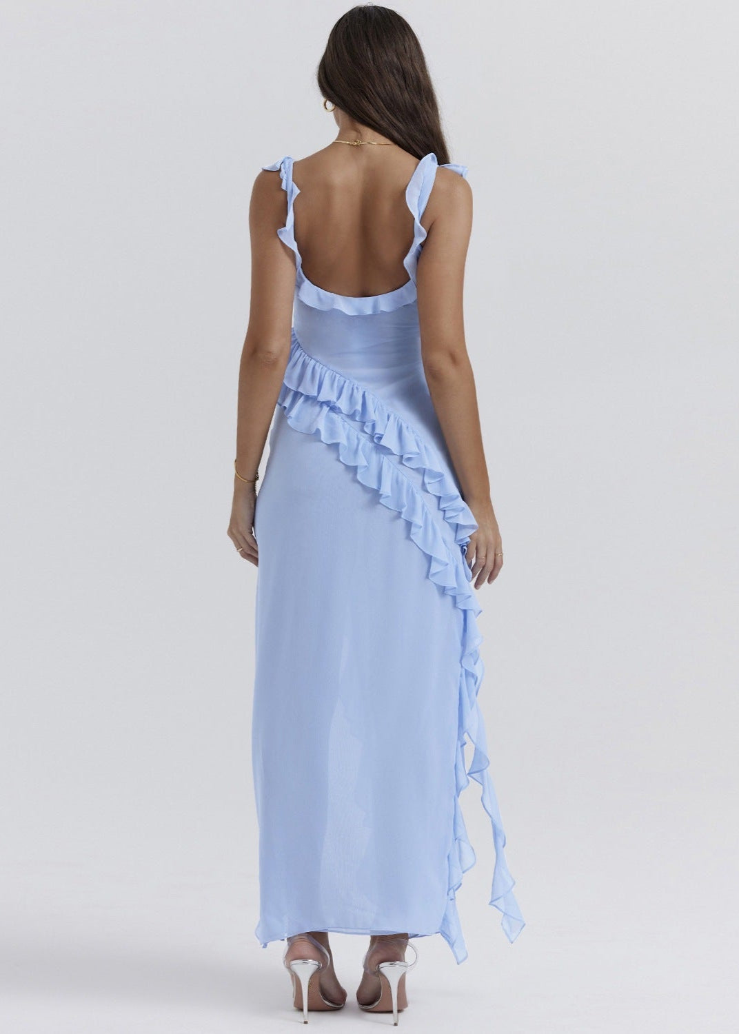 Sweetheart Ruffle Strap Cascading Ruffle High Split Maxi Gown - View 4