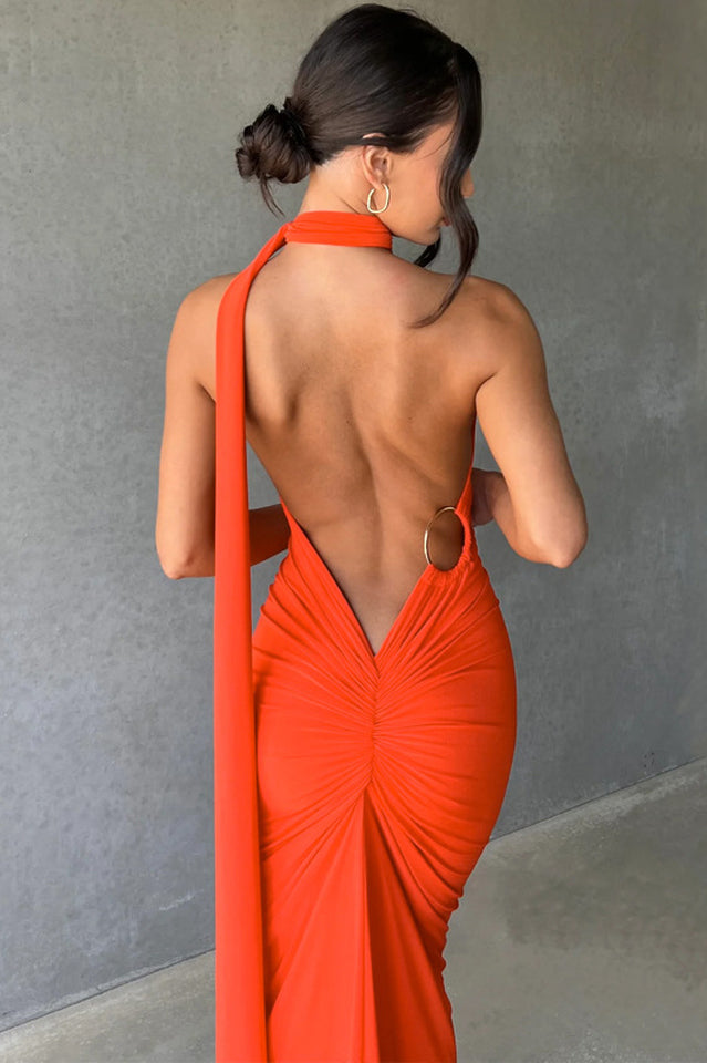 One Shoulder Ruched Open Back Trailing Sash Floor Length Gown 29