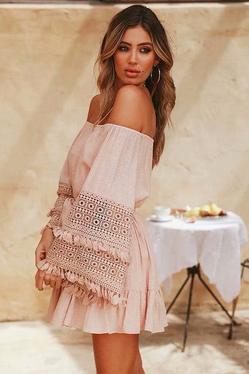 Off Shoulder Bell Sleeve Lace Trim Tie Waist Ruffle Mini Dress 9