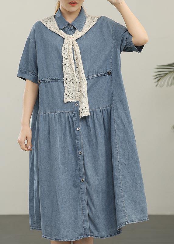 Crochet Lace Shawl Denim Button Front Tiered Midi Shirt Dress Set