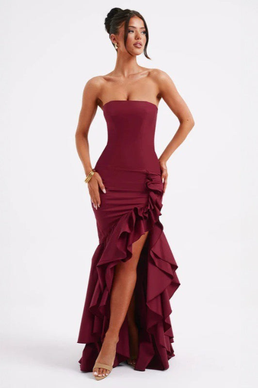 Strapless Ruched Tiered Ruffle Mermaid Gown - View 3