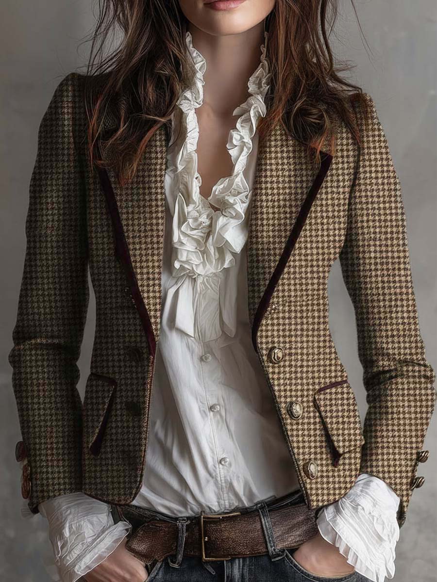 Houndstooth Tweed Velvet Trim Double Breasted Blazer