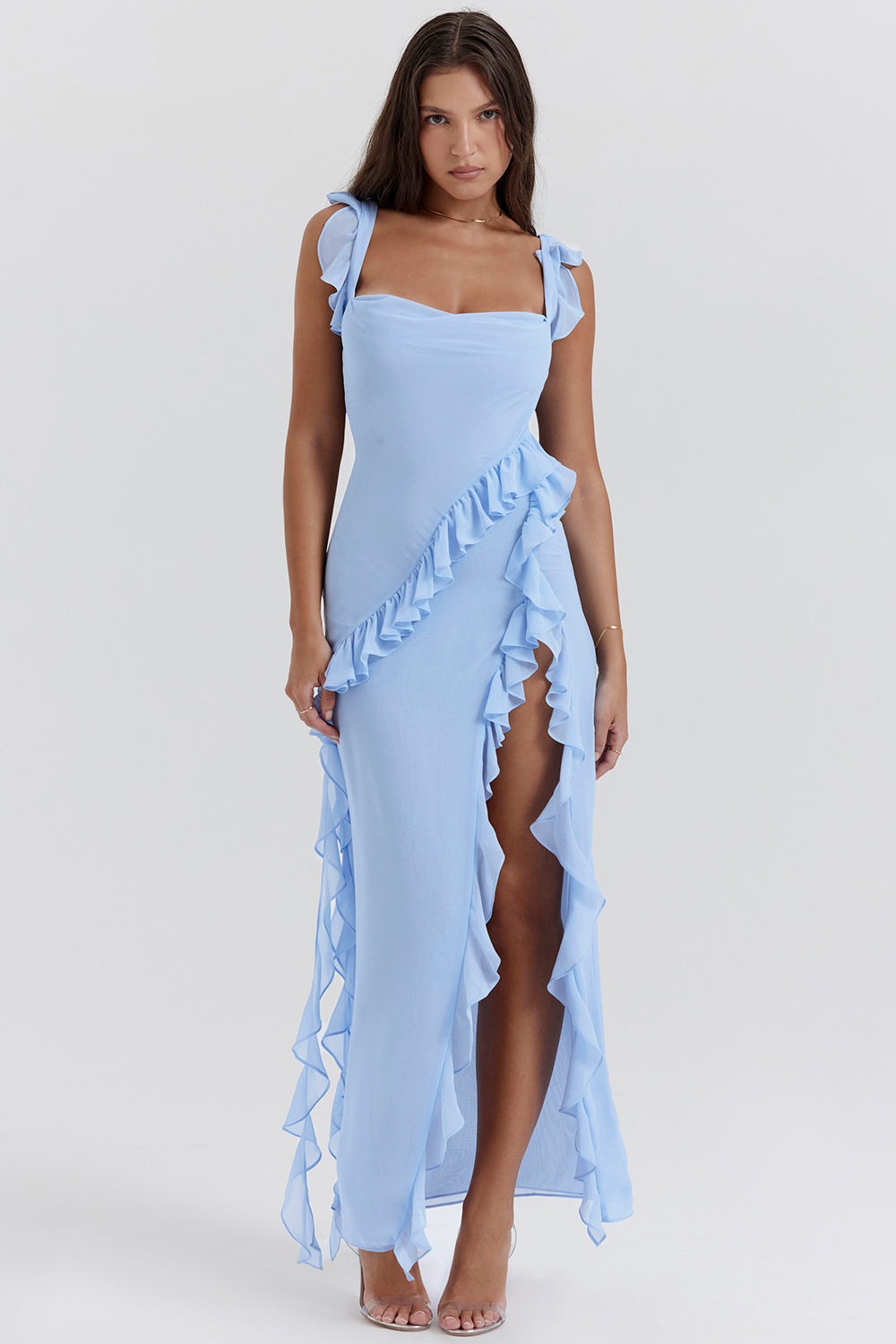 Chiffon Square Neck Ruffle Strap High Split Maxi Gown 49