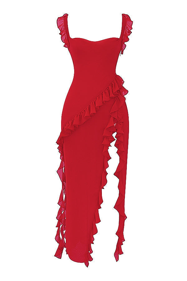 Square Neck Ruffle Strap High Split Ruffle Trim Maxi Gown 67