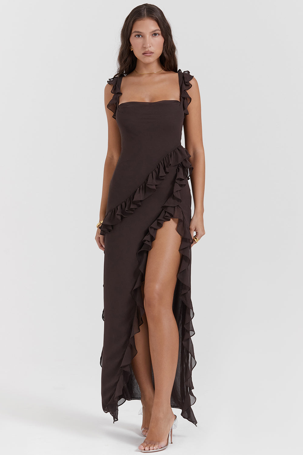 Chiffon Square Neck Ruffle Strap High Split Maxi Gown 34