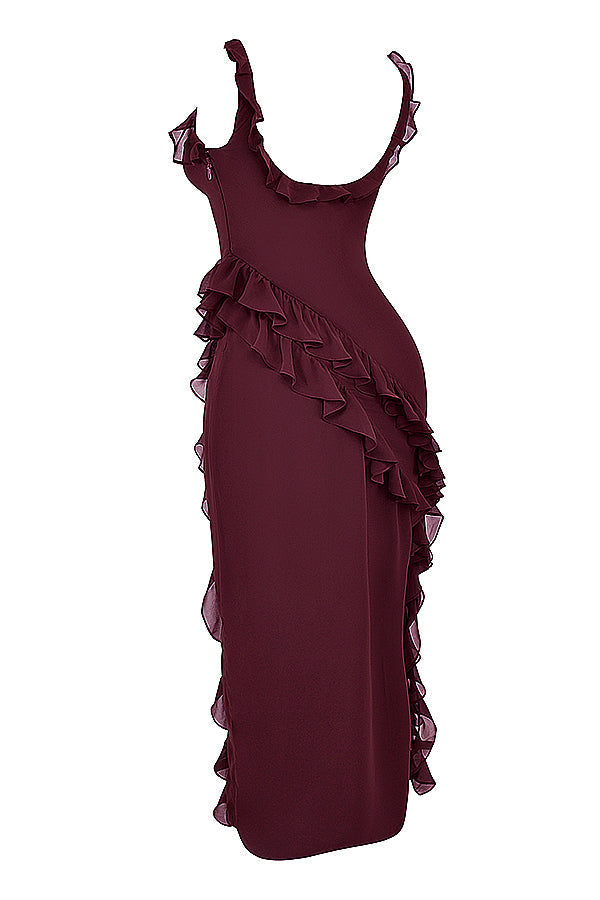 Square Neck Ruffle Strap High Split Ruffle Trim Maxi Gown - View 20