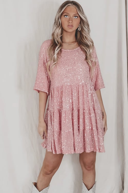Sequin Round Neck Short Sleeve Three Tier Babydoll Mini Party Dress - View 6