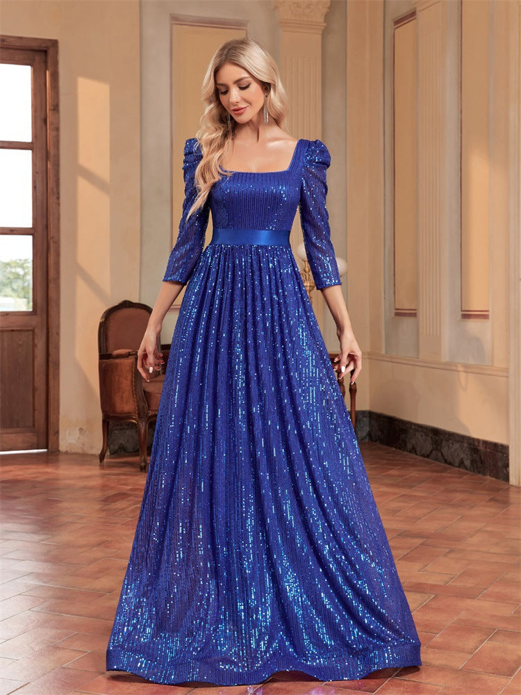 Sequin Square Neck Puff Sleeve Belted A-Line Maxi Dress - View 2